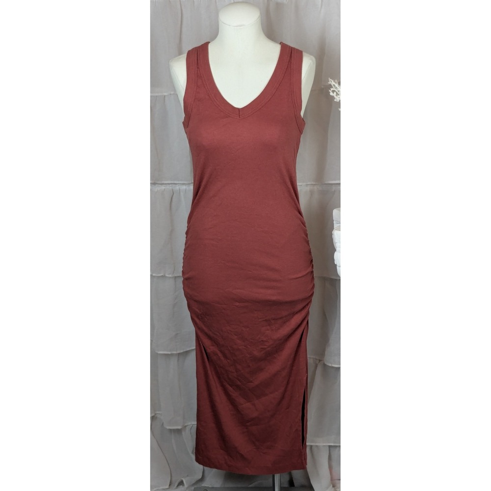 Michael Stars Lori Rust Brown Ribbed Ruched Stretch Bodycon Midi Dress Size M - Picture 3 of 10